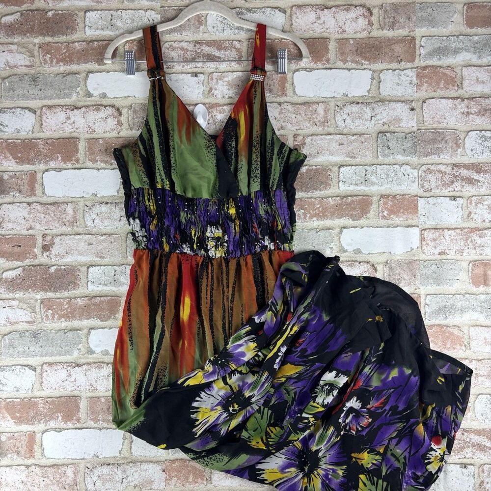 Diva Collection Y2K Empire Waist Colorful Sunflower Design w/Studs Maxi Dress XL